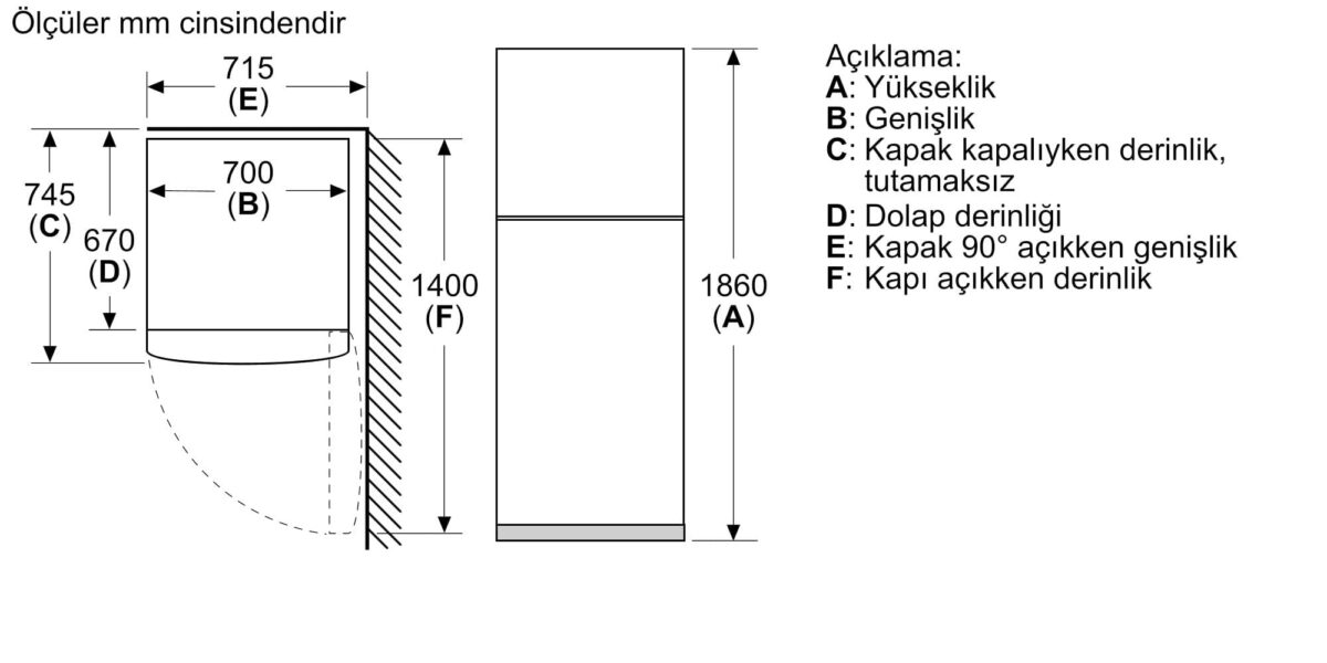 15957196_KDN55_Line_drawing_tr-TR Siemens KD55NNLF1N iQ300 Üstten Donduruculu Buzdolabı 186 x 70 cm Inox görünümlü